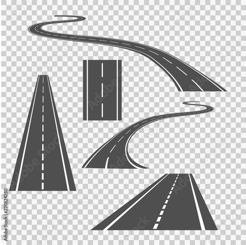 Winding curved road direction or highway with markings.