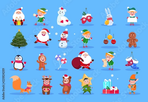 Winter characters. Cartoon santa, elves and winter christmas animals, snowman and kids. Winter christmas holiday vector set. Character christmas, santa and animal, xmas deer and gift illustration