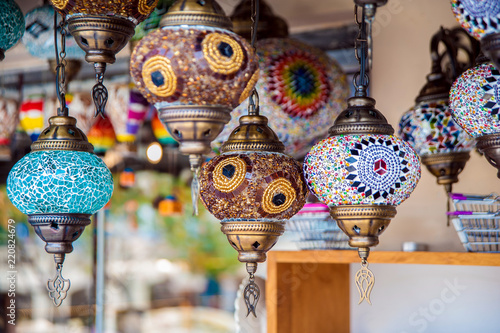 Turkish shop with traditional souvenirs colorful lamps photo