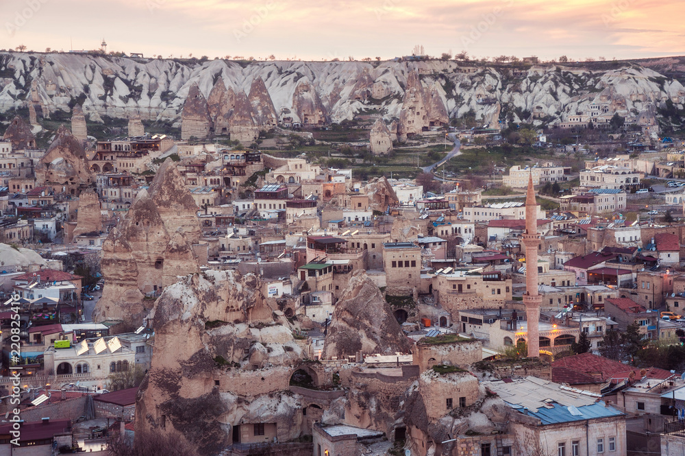 Fototapeta premium Goreme, Cappadocia, Turkey on sunset. Famous center of balloon fligths. toned picture