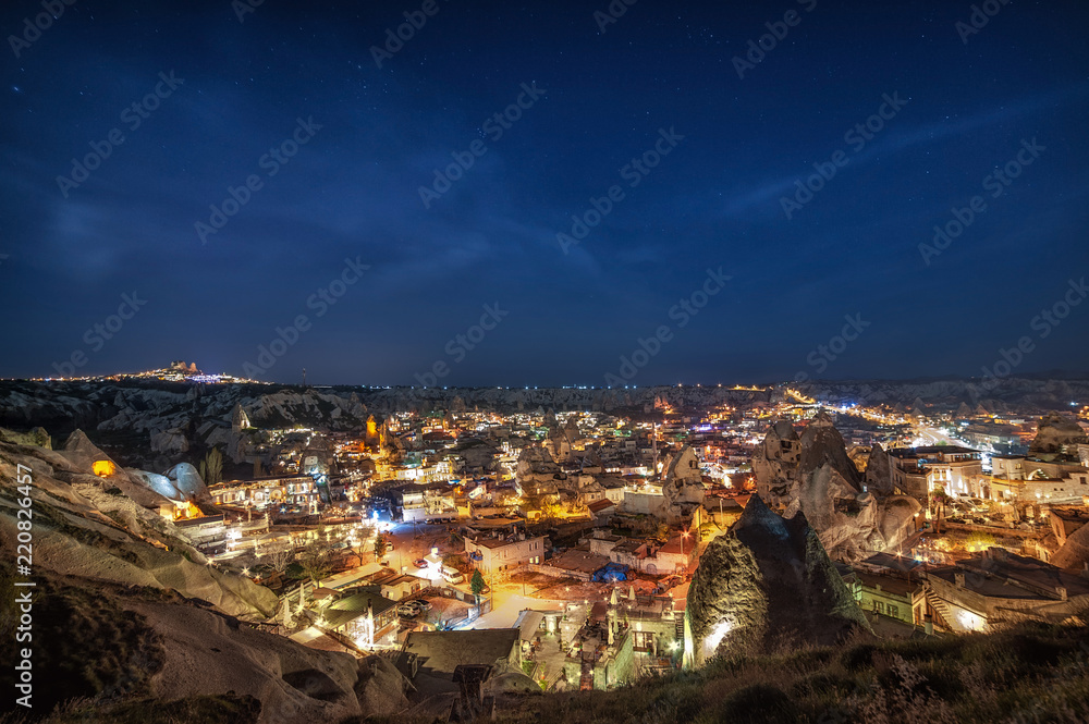 Beautiful view Goreme, Cappadocia, Turkey at night. Famous center of balloon fligths.