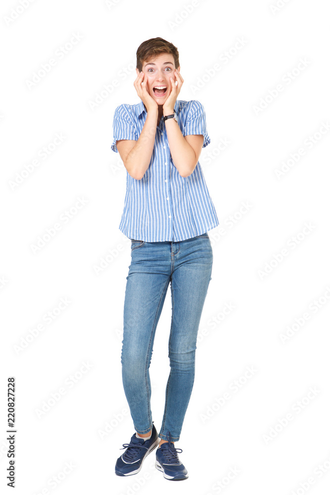 Full body young woman with surprised expression on face Full body young woman with surprised expression on face