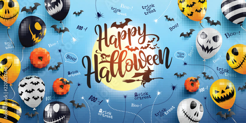 Happy Halloween Lettering and Blue Background with Halloween Ghost Balloons.Scary air balloons.Website spooky,Background or banner Halloween template.Vector illustration EPS10