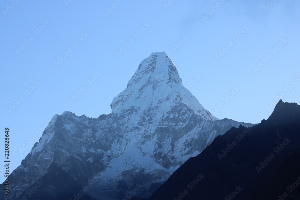 Wonderful view of mountain Ama Dablam in the Mount Everest range, iconic peak of Everest trekking route, eastern Nepal