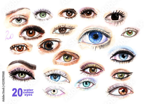 Wallpaper Mural 20 watercolor painted eyes of different colors with makeup, eyelashes, highlights set. Torontodigital.ca