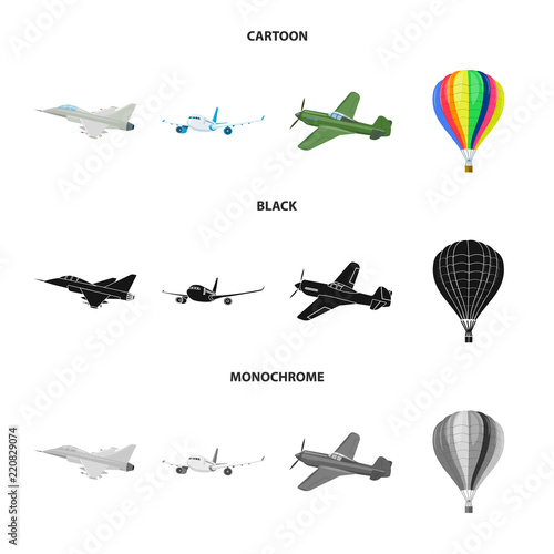 Vector design of plane and transport icon. Set of plane and sky stock vector illustration.