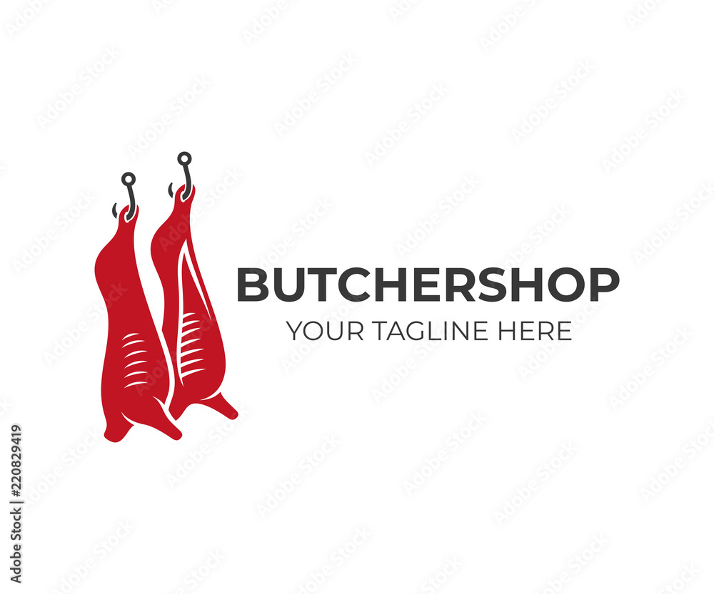Butcher shop and animal carcasses hang on hooks, logo design. Meal