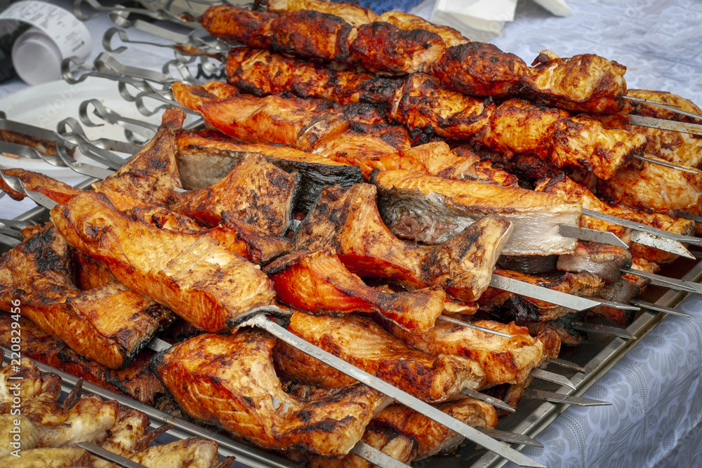 Ready-made barbecue from fish on a tray