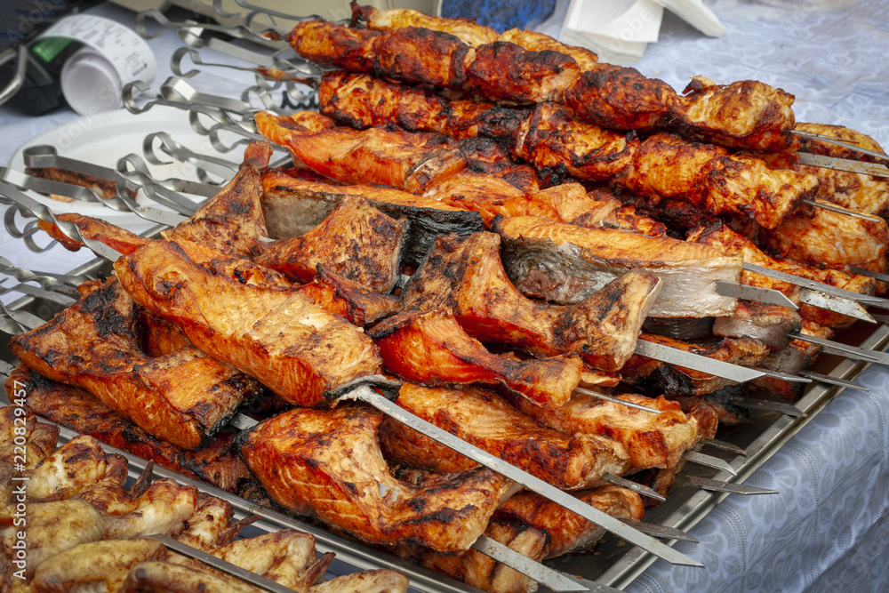 Ready-made barbecue from fish on a tray