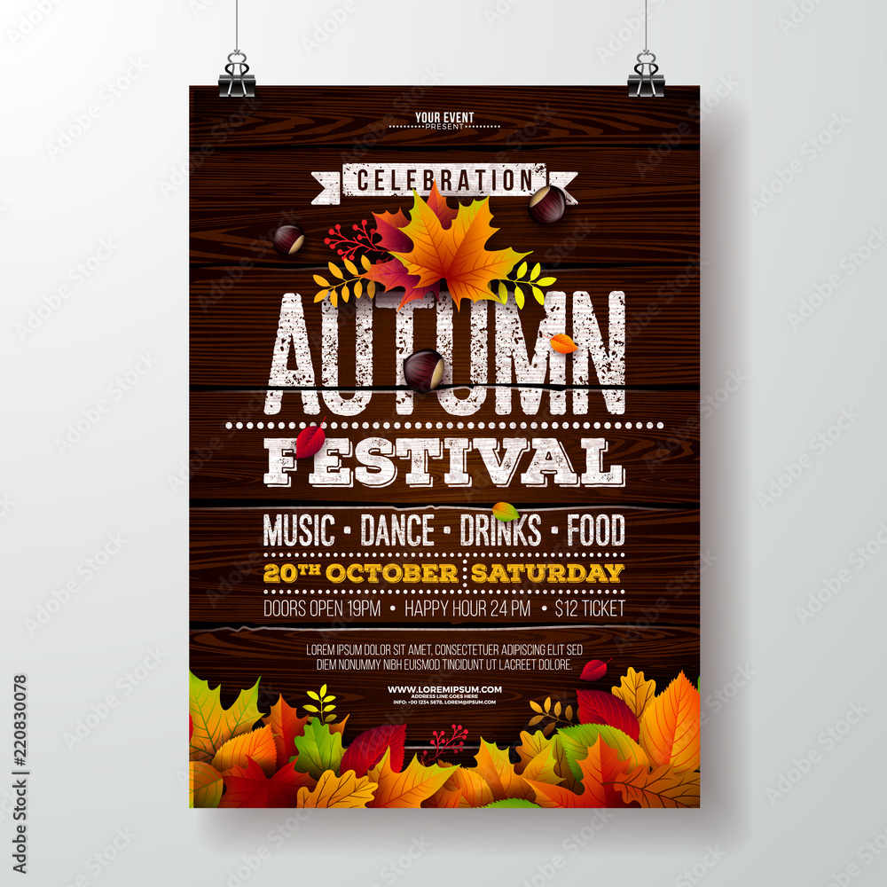 Fototapeta premium Autumn Party Flyer Illustration with falling leaves and typography design on vintage wood background. Vector Autumnal Fall Festival Design for Invitation or Holiday Celebration Poster.