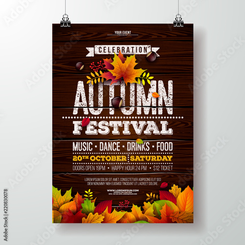 Autumn Party Flyer Illustration with falling leaves and typography design on vintage wood background. Vector Autumnal Fall Festival Design for Invitation or Holiday Celebration Poster.