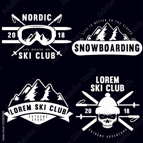 Set of vintage snowboarding, ski or winter sports logos, badges, emblems and design elements. Vector illustration. Monochrome Graphic Art.