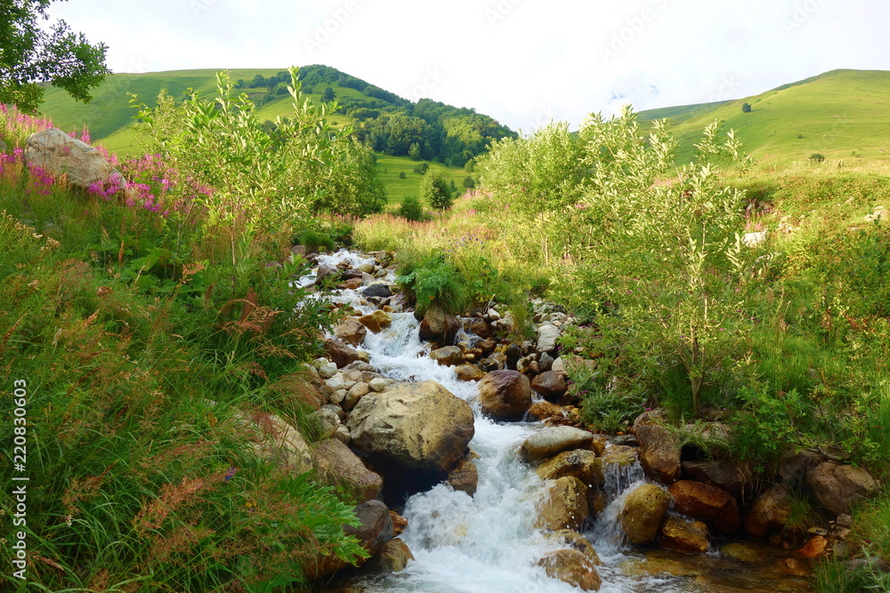 Colorful mountain stream during sunset on a hiking trail leading from Mestia to Ushguli, Georgia Colorful mountain stream during sunset on a hiking trail leading from Mestia to Ushguli, Georgia