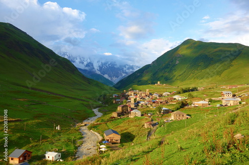 Traditional ancient Svan Towers and machub house in Ushguli village, Upper Svaneti, Georgia. Ushguli is the highest village in Europe and is a part of UNESCO World Heritage Site. photo