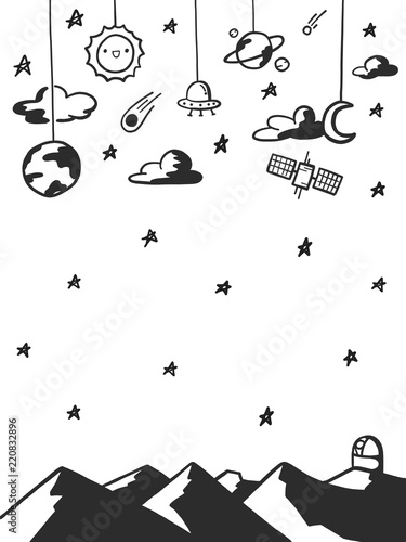 Doodle hand-drawn sky with cloud and stars with mountains and observatory can be used to make book covers. Vector illustration.