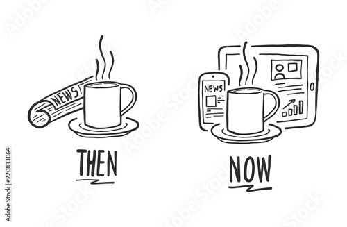 The difference between reading the news of the past and the present. Doodle draw by hand on the tablet. Vector illustration.