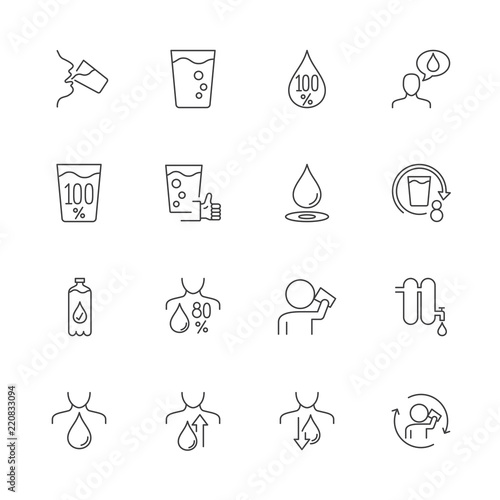 Set of the icons is drinking water and the importance of water to the body. 30x30 pixel. Editable stroke. Vector illustration.