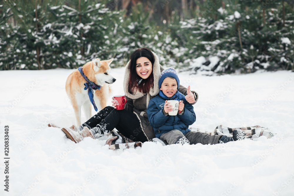 Obraz premium Little child and mom plays with funny Akita-inu dog in a winter park. Christmas happy family,mother and son walking with dog lying on snow in winter day. Drinking hot coffee or tea on snowy winter