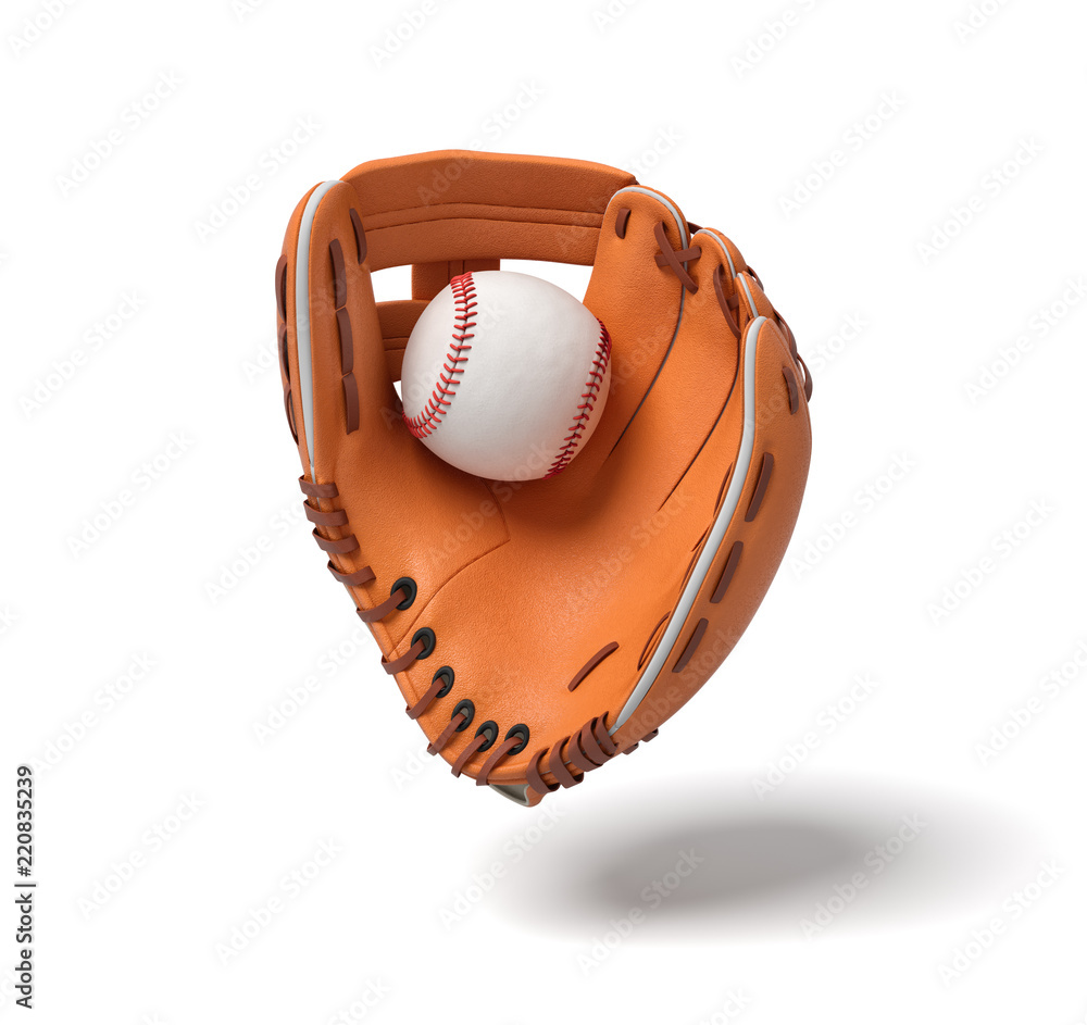 Photo Art Print 3d rendering of a new orange baseball mitt hanging on the white background with a white ball inside it gearstd