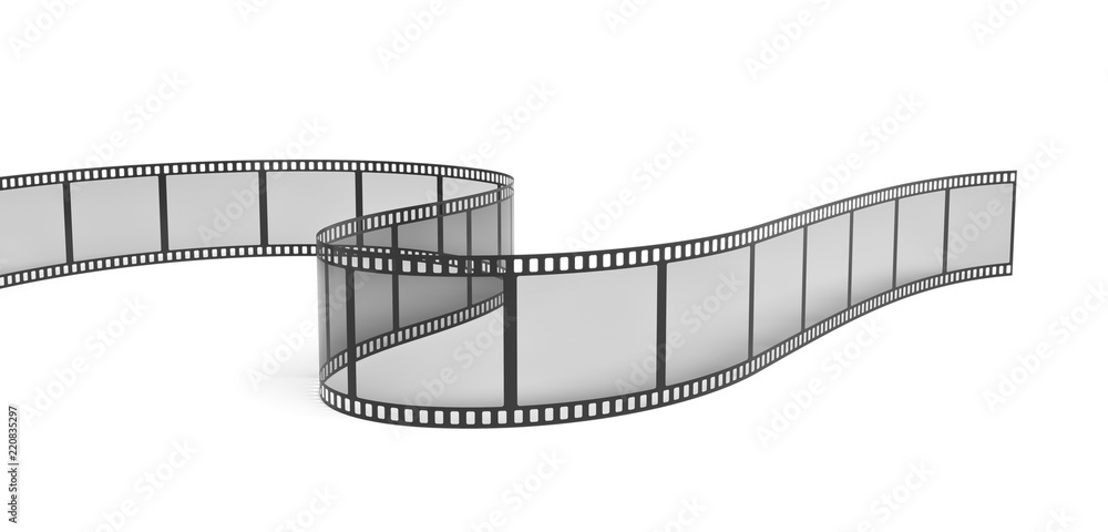 Fototapeta premium 3d rendering of a single film strip arranged in turns and bends on white background.