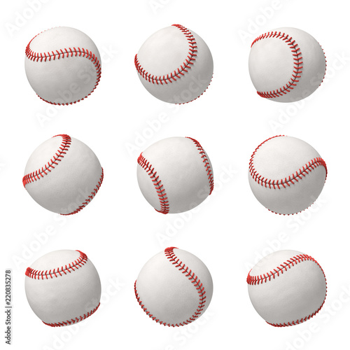 Photography 3d rendering of a set made of several white leather baseballs with red stitching hanging on a white background