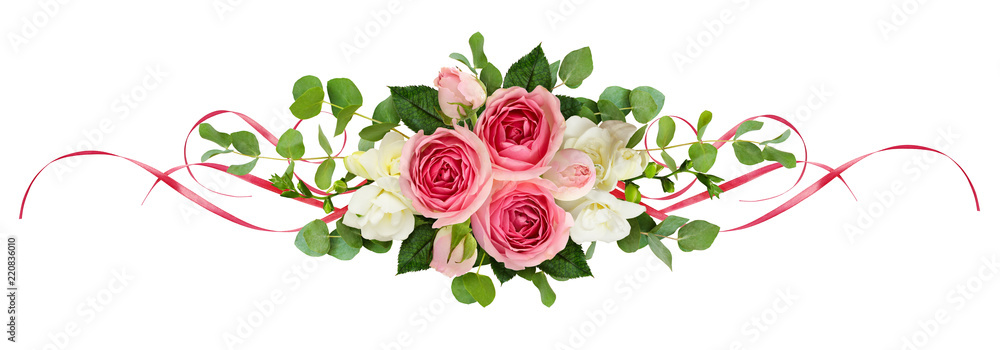 Horizontal arrangement with pink roses, freesia flowers, eucalyptus leaves and sarin ribbons