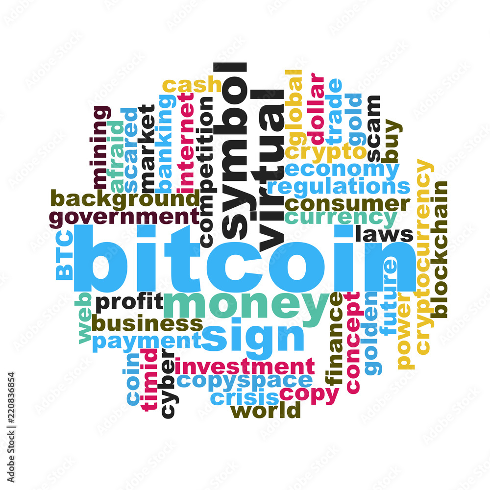 Light themed word cloud for bitcoin exchange trading concept.  Scattered messy words randomly placed.