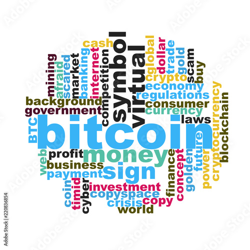 Light themed word cloud for bitcoin exchange trading concept. Scattered messy words randomly placed.