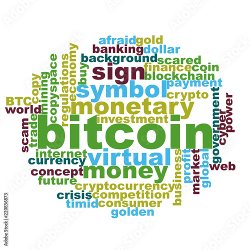 Light themed word cloud for bitcoin exchange trading concept.  Scattered messy words randomly placed.