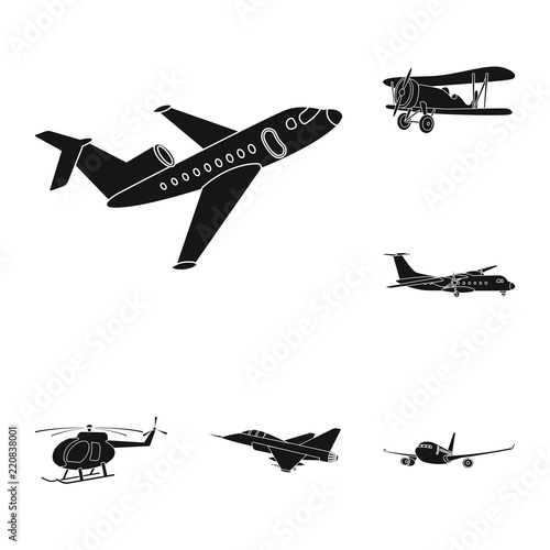 Vector illustration of plane and transport logo. Set of plane and sky vector icon for stock.