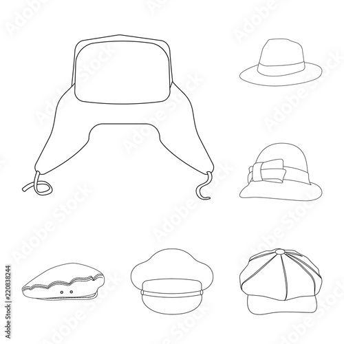 Vector illustration of headwear and cap sign. Set of headwear and accessory vector icon for stock.