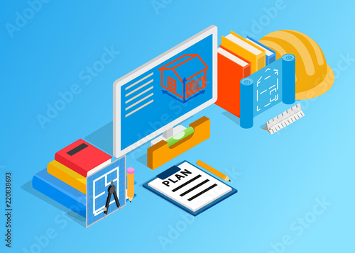 Building engineering clip art. Isometric clip art of building engineering concept vector icons for web isolated on blue background
