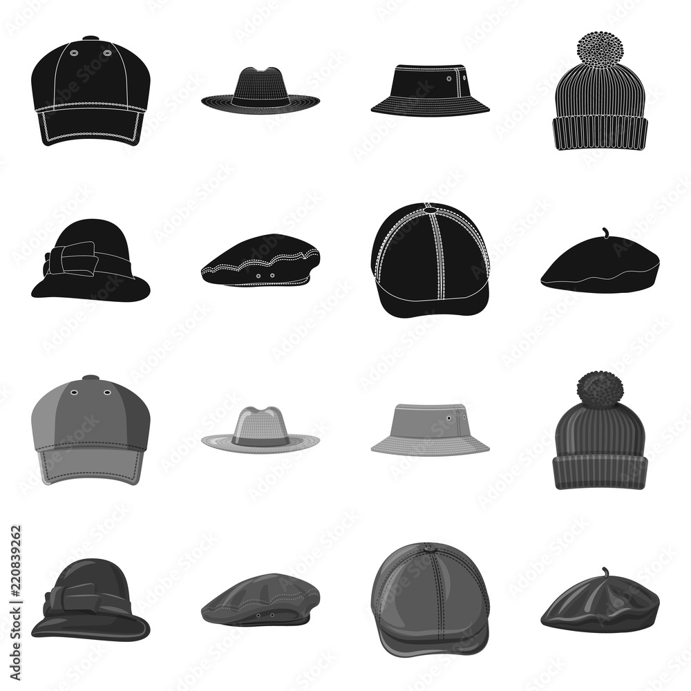 Isolated object of headwear and cap icon. Collection of headwear and accessory stock symbol for web. Isolated object of headwear and cap icon. Collection of headwear and accessory stock symbol for web.