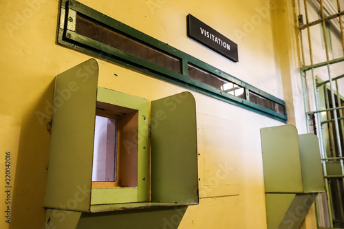 Visitation window used by prisoners to communicate with visitors in Alcatraz prison in San Francisco, California, USA