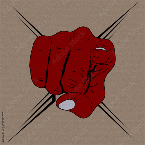 Red Hand drawing fist want you on brown background