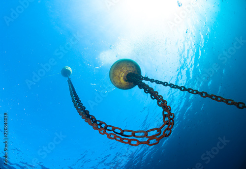 Boat chain and yellow buoy anchor from underwater