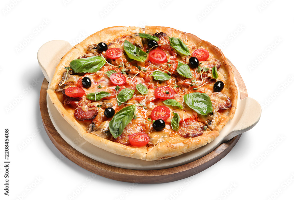 Tasty fresh homemade pizza on white background Tasty fresh homemade pizza on white background
