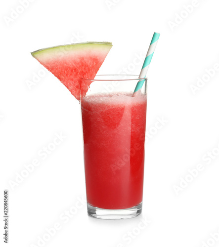 Tasty summer watermelon drink in glass on white background
