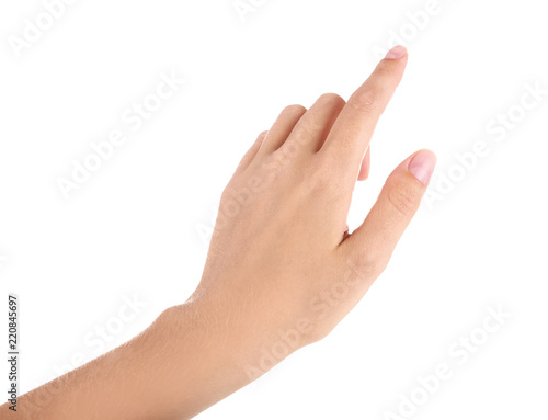 Abstract young woman's hand on white background