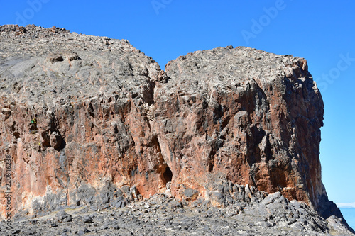 Tibet, lake Nam-Tso (Nam Tso) in summer, 4718 meters above sea level. Fragment of geoglyph - the ears of the horse on cape Tomchok. Place of power photo