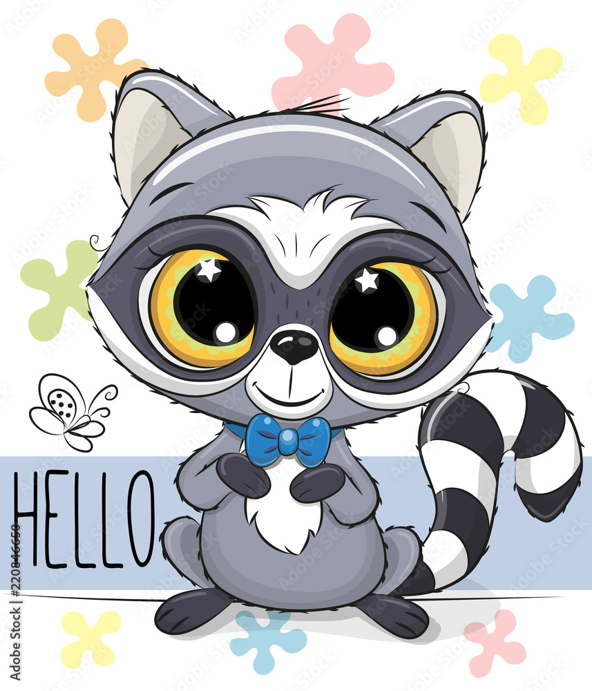 Cute Cartoon Raccoon on a flowers background Cute Cartoon Raccoon on a flowers background