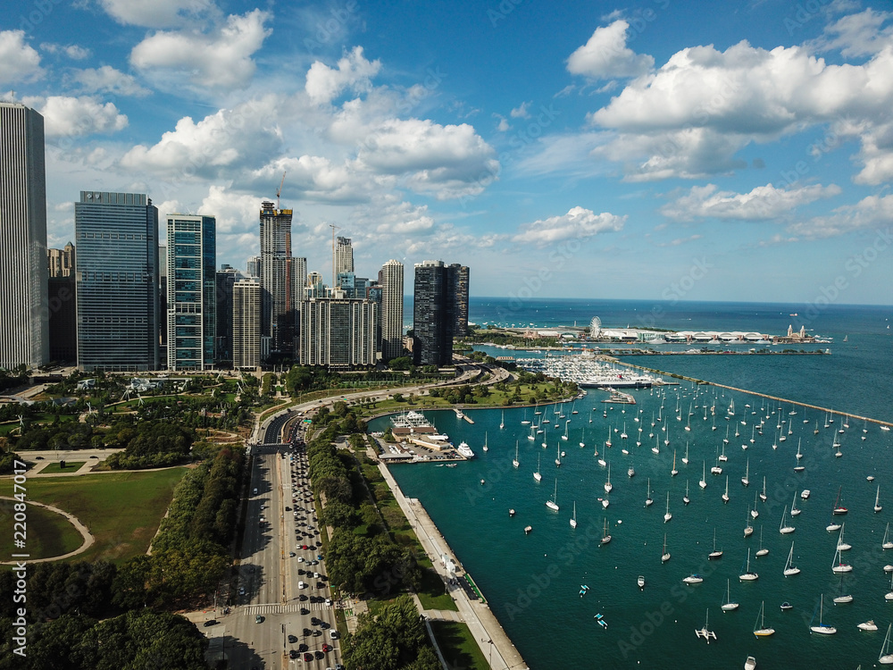 Naklejka premium Aerial Chicago bay buildings bridge 