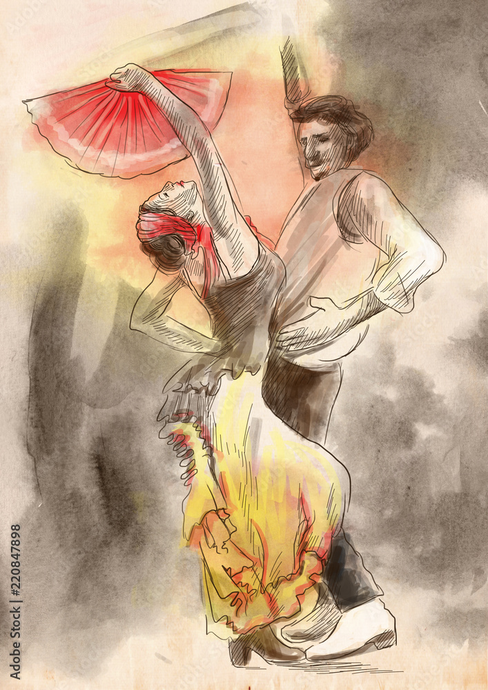 Flamenco - An hand painted illustration - obrazy, fototapety, plakaty 