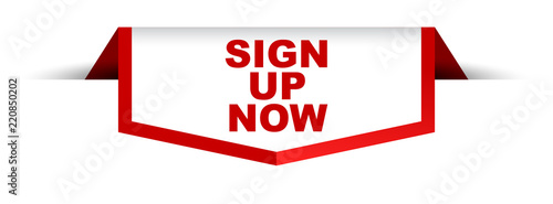 red and white banner sign up now