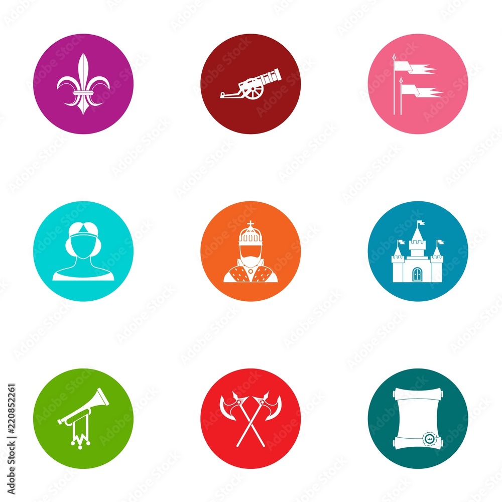 Medieval feat icons set. Flat set of 9 medieval feat vector icons for web isolated on white background Medieval feat icons set. Flat set of 9 medieval feat vector icons for web isolated on white background