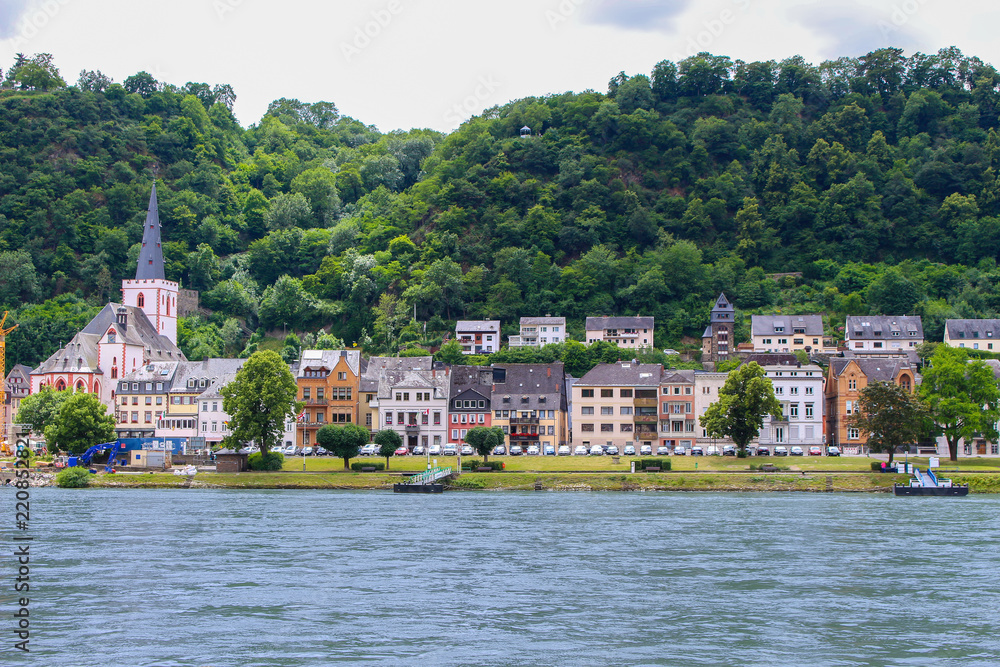 Small town Along the shore of the Rhine river in Germany, Europe