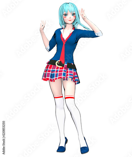 3D sexy anime doll japanese anime schoolgirl big blue eyes and bright makeup. Skirt cage. Cartoon, comics, sketch, drawing, manga illustration. Conceptual fashion art. Seductive candid pose. © vladnikon