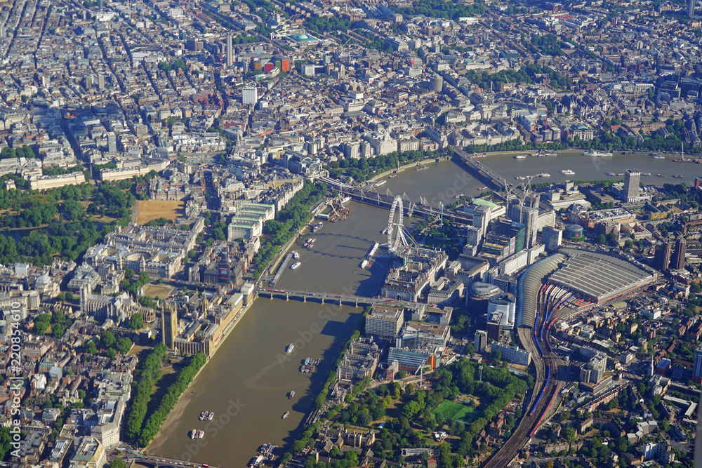 Aerial view of Central London and the River Thames from an airplane window