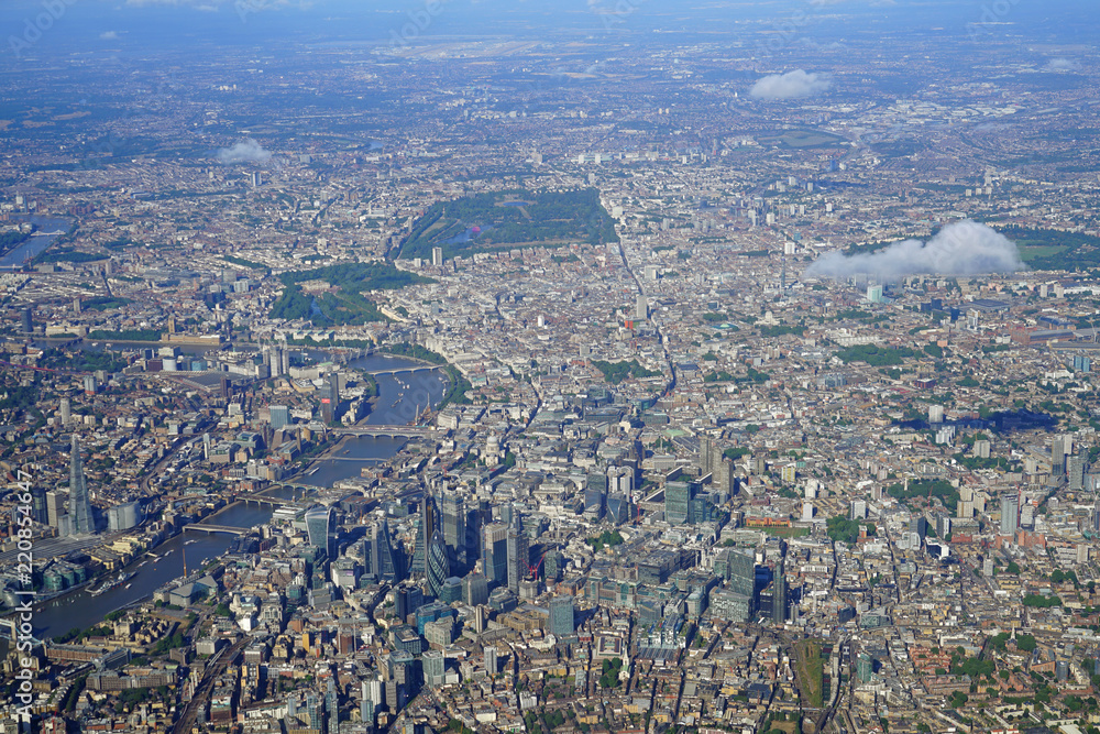 Aerial view of Central London and the River Thames from an airplane window