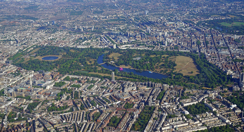 Aerial view of Central London and the River Thames from an airplane window